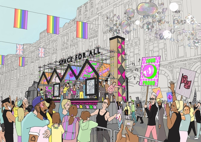 Proposta vencedora de carro alegórico para representar a arquitetura na Parada de Orgulho LGBT de Londres - Imagem de Destaque
