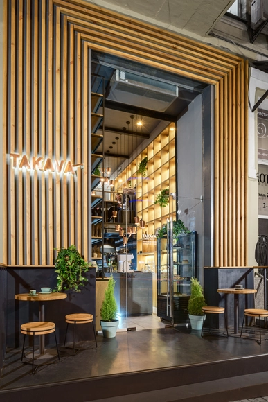TAKAVA coffee-buffet / YUDIN Design - Coffee Shop, Facade, Column, Door, Table, Chair