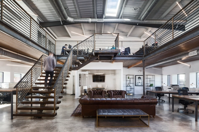 ATX Factory / Mark Odom Studio - Adaptive Reuse, Stairs, Door, Beam, Handrail, Table, Bench