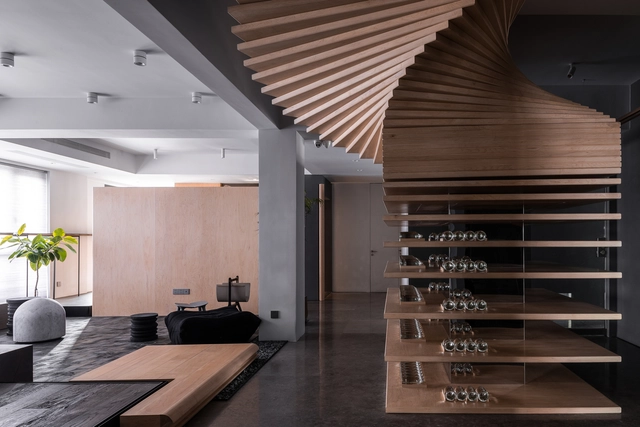 Brand Center of Ugan Concept / Jiangjiu Architecture - Offices Interiors, Kitchen, Beam, Facade, Handrail, Stairs, Table, Countertop, Chair