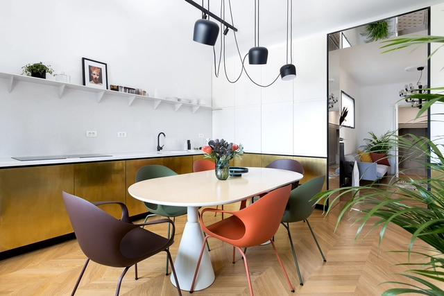 Apartment LC / Bogdan Ciocodeică Studio - Apartment Interiors, Kitchen, Table, Chair, Lighting