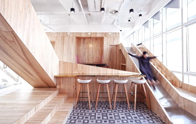 FinUp Office Design / hyperSity - Offices Interiors, Stairs, Handrail, Beam, Chair, Table