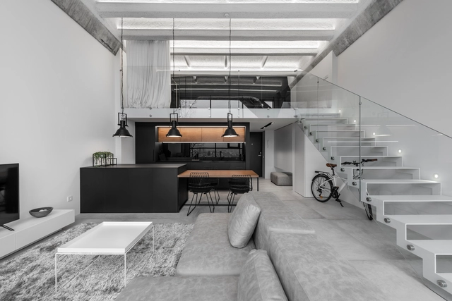 Minimalistic Industrial Loft / IDwhite - Apartment Interiors, Kitchen, Stairs, Handrail, Countertop