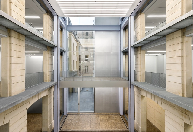 Fondation Galeries Lafayette / OMA - Exhibition Center, Courtyard, Facade, Stairs, Handrail, Beam, Balcony, Door