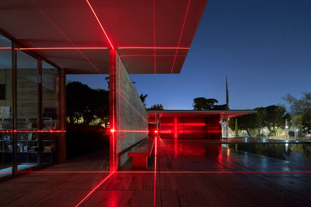Barcelona Pavilion Transformed into Grid of Lasers by Luftwerk & Iker Gil - Featured Image