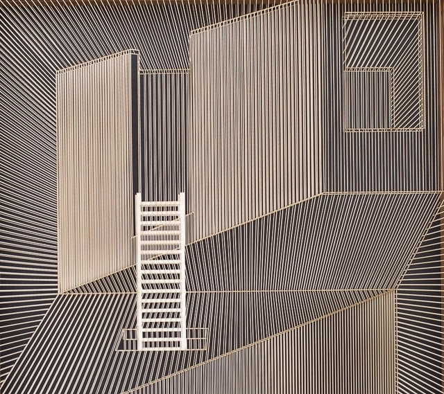 Obras de Tom Capobianco exploram movimento e espacialidade arquitetônica dentro de quadros na parede - Imagem de Destaque