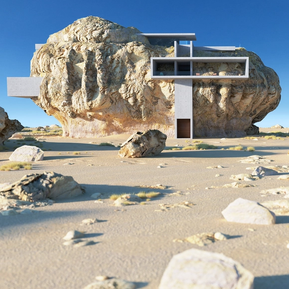 Amey Kandalgaonkar explora a relação da arquitetura com a natureza mesclando formas geométricas e rochas do deserto - Imagem de Destaque