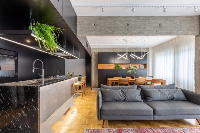 Apartamento ER / Oficina Conceito Arquitetura - Edifício De Apartamentos, Cozinha, Fachada, Viga, Iluminação, Bancada, Mesa, Cadeira