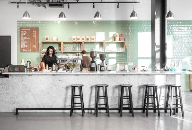 Elm Coffee Roasters / Olson Kundig - Interior Photography, Coffee Shop, Kitchen, Table, Countertop, Lighting