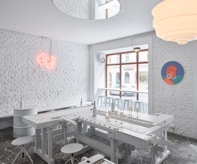 Wine Bar Dvojka / Jan Plechac & Henry Wielgus - Interior Photography, Bar, Table, Lighting, Chair, Countertop
