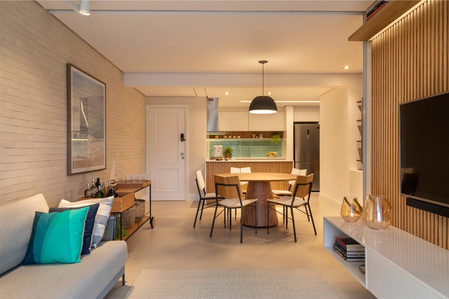 Apartamento RDF / Tavora Dainese Arquitetura - Edifício De Apartamentos, Cozinha, Viga, Mesa, Bancada, Cadeira