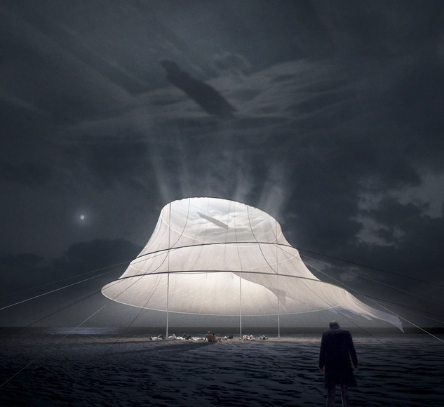 Instalação de KATARSIS Architects transforma tecido em sala de cinema na praia - Imagem de Destaque