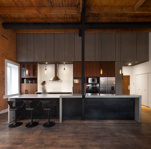 Loft Duvernay / BOOM TOWN - Interior Photography, Renovation, Kitchen, Beam, Countertop, Table, Chair