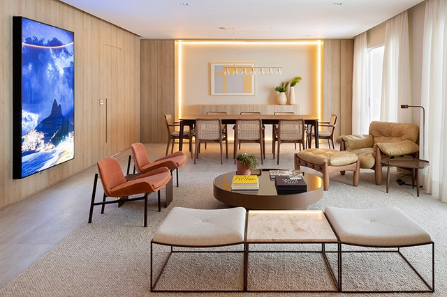 Apartamento JTR / Bossa Arquitetura - Edifício De Apartamentos, Mesa, Cadeira, Iluminação
