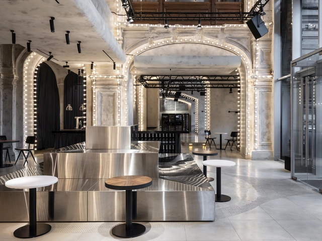 Bosco Mishka Bar  / Sundukovy Sisters Architecture & Design Studio - Interior Photography, Bar, Kitchen, Arch, Column, Beam, Arcade, Table