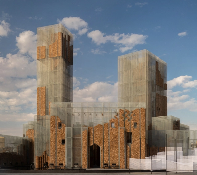 Pabellón de malla de alambre y corcho inspirado en ruinas reflexiona sobre la arquitectura efímera - Imagen Principal