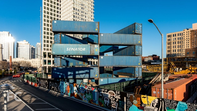 LOT-EK's Triangle Stack Opens at Brooklyn's Domino Park - Featured Image