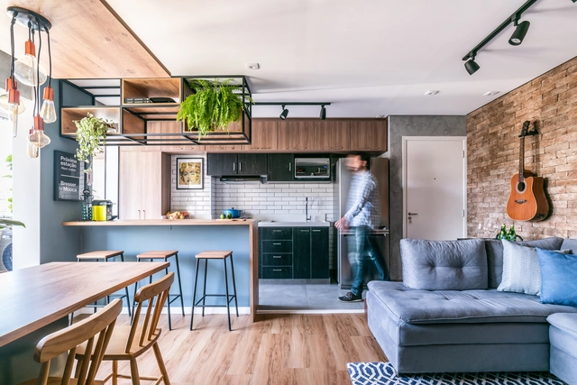 Apartamento Brooklin / Pietro Terlizzi Arquitetura - Fotografia de Interiores, Edifício De Apartamentos, Cozinha, Viga, Mesa, Bancada, Iluminação, Cadeira