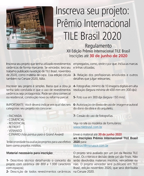 Inscrições Abertas para o XII Prêmio Internacional TILE Brasil - Projeto com Cerâmica - Imagem de Destaque