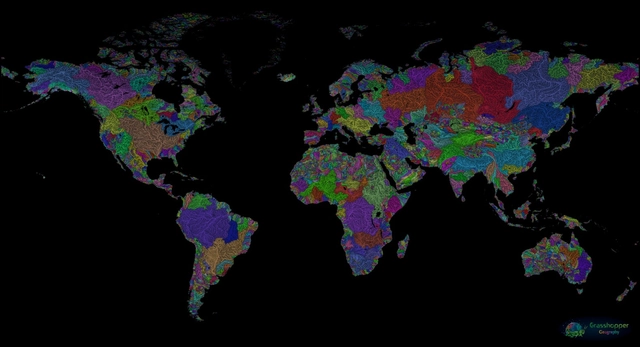 Mapas de todos los ríos y cuencas hidrográficas del mundo, resaltadas con colores - Imagen Principal