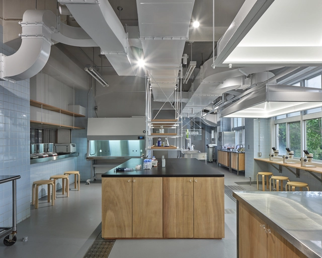 Kyushu University Biolab / ICADA - Interior Photography, Laboratory, Kitchen, Table, Countertop, Chair
