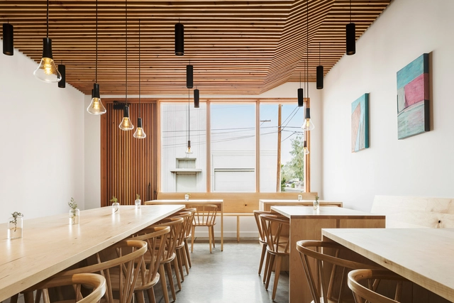 Anello Restaurant / s p a c e BUREAU - Interior Photography, Restaurant, Kitchen, Beam, Door, Table, Lighting, Chair