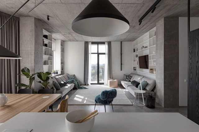 Deep Gray Apartment / Azovskiy&Pahomova architects - Interior Photography, Apartment Interiors, Table, Chair, Lighting