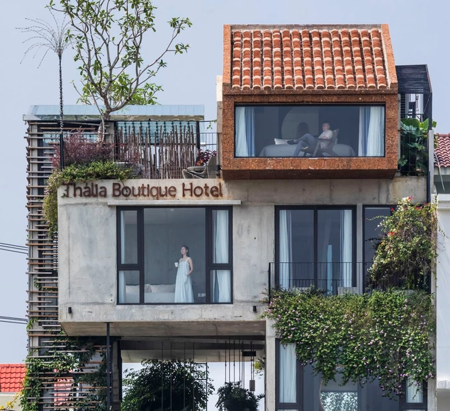 渔网连接悬浮水泥盒，Thalia 精品酒店 / Ho Khue Architects - 建筑图, 酒店, 表皮, 阳台