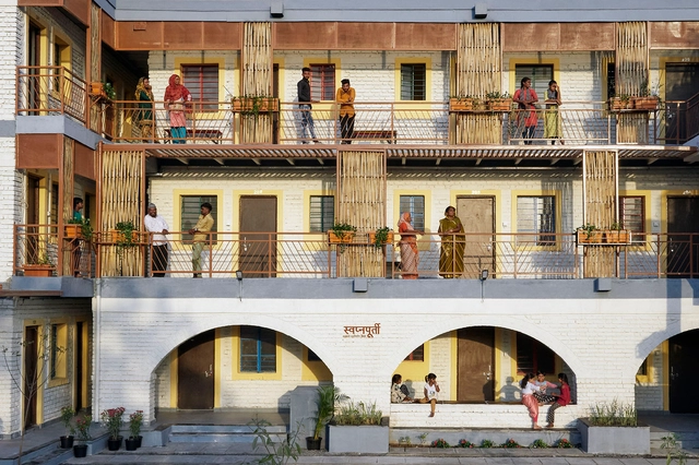 Sanjaynagar 贫民窟重建项目 / Community Design Agency - 建筑图, 社会住房, 庭院, 表皮, 拱, 拱廊, 门, 阳台, 板凳