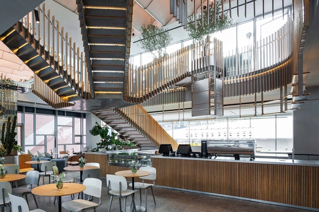 gaga北京旗舰店 / 栋栖设计 - 室内图, 餐厅, 厨房, 梁, 楼梯, 表皮, 扶手, 桌子, 椅子