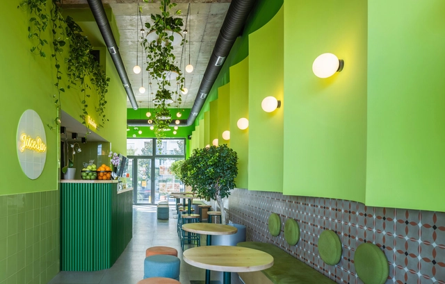 Green&Protein Podgorica Food and Drinks / Maden Group - Interior Photography, Restaurant & Bar Interiors, Door, Lighting, Table, Chair