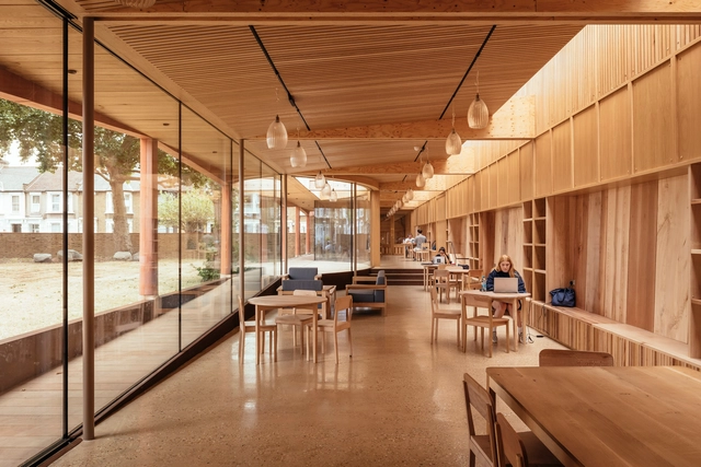 Lea Bridge Library Pavilion / Studio Weave - Interior Photography, Library, Beam, Table, Chair
