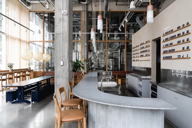 Le Relais Boréale Brewery / Atelier l'Abri - Interior Photography, Restaurant & Bar Interiors, Kitchen, Door, Table, Chair
