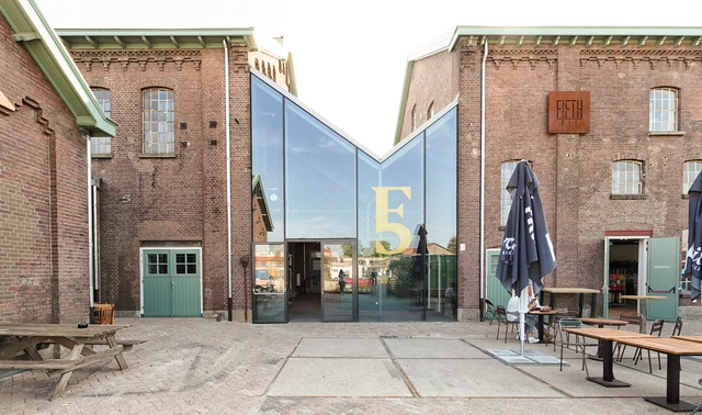 Fifth NRE Jazz Club / De Bever Architecten - Exterior Photography, Music Venue, Courtyard, Facade, Door, Bench, Table