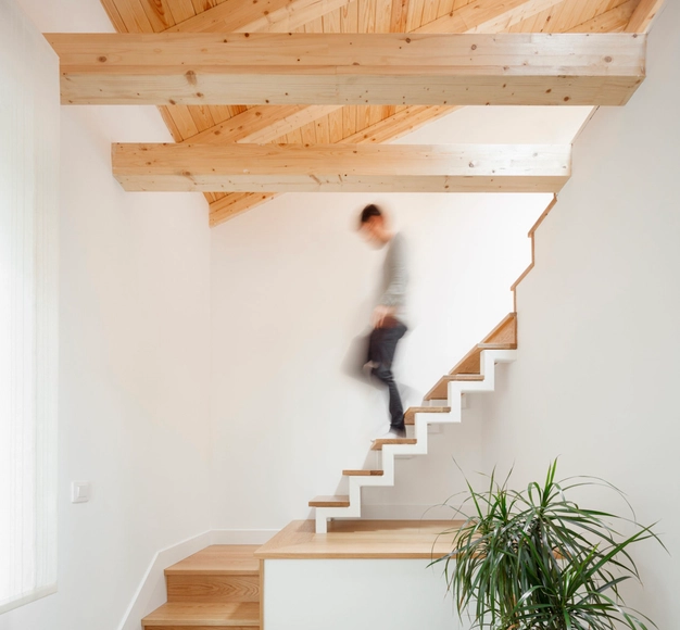 Rehabilitación "100 años de una Casa Barata en Bilbao" / Juan Ruiz - Amelia Tapia - Fotografía interior, Restauraciones, Escaleras, Fijación Vigas, Barandas