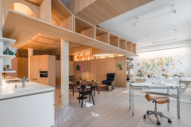 苏豪区艺术复式公寓 / Fuller/Overby Architecture + Diane Lewis Architecture - 室内图, 公寓室内设计, 厨房, 梁, 桌子, 椅子, 台面