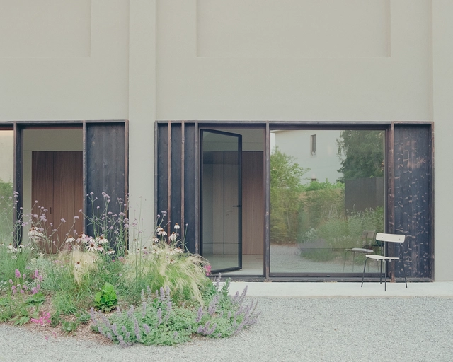 Funerary House Luce / studio wok - Interior Photography,         Crematorium, Facade, Door, Bench