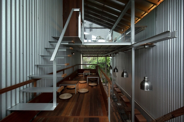 Ton Corner Coffee Shop / TON Architects - Interior Photography, Coffee Shop, Beam, Stairs, Handrail, Table