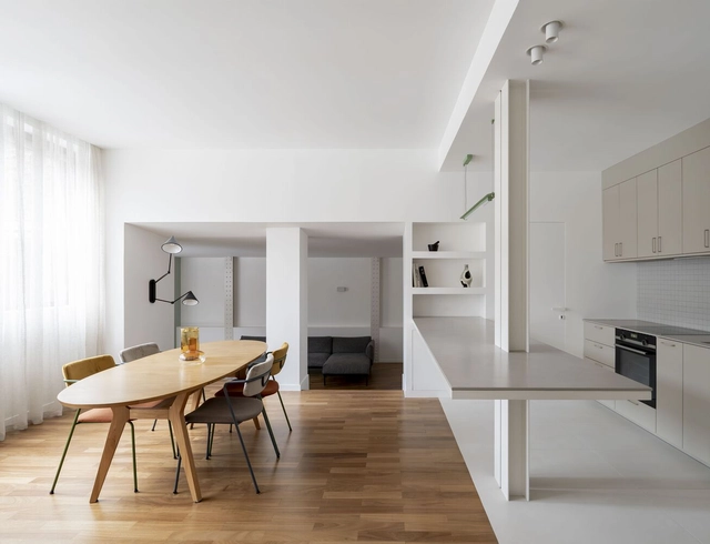 Cité Griset Apartment / Mesnil Architectures - Interior Photography, Renovation, Kitchen, Lighting, Countertop, Table, Chair