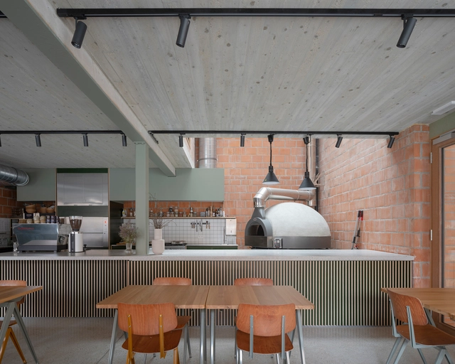 Peper Multifunctional Building / Architecten De Bruyn - Interior Photography, Mixed Use Architecture, Kitchen, Beam, Countertop, Chair